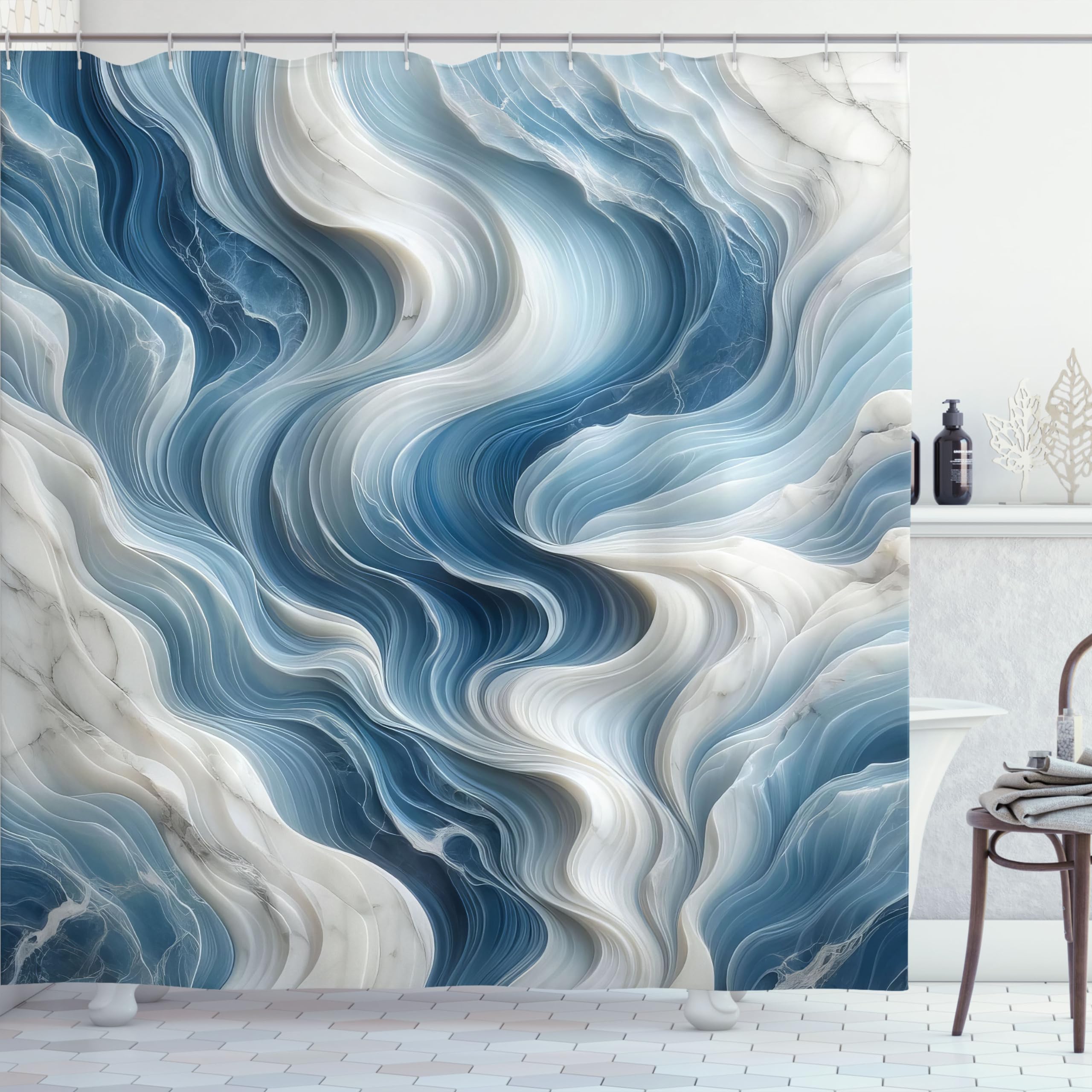Ambesonne Blue Shower Curtain, Surreal Waves Of Marble Print With Oceanic Colors Modern Abstract Style, Cloth Fabric Bathroom De